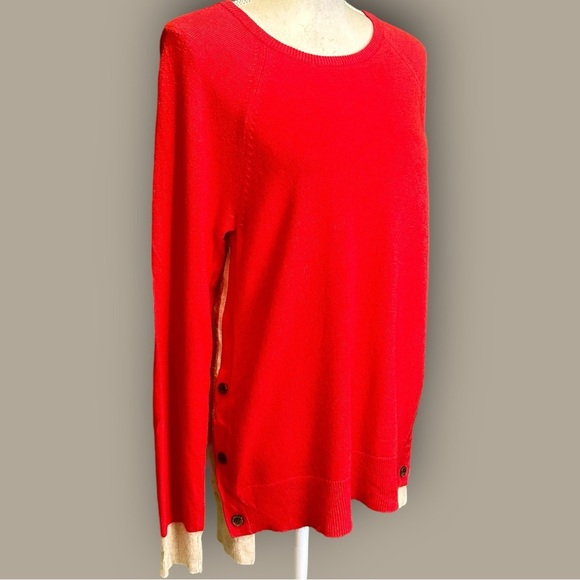 J. Crew Factory Red & Tan Colorblock Side Button Sweater with Elbow Patches Sz M - Picture 10 of 12